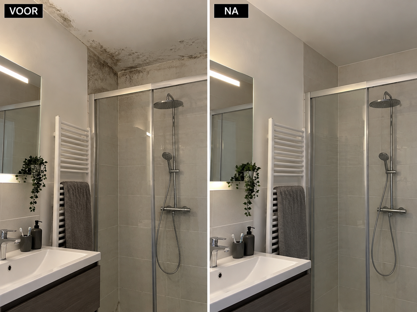 Voor en na foto van badkamer met schimmel en condensprobleem.