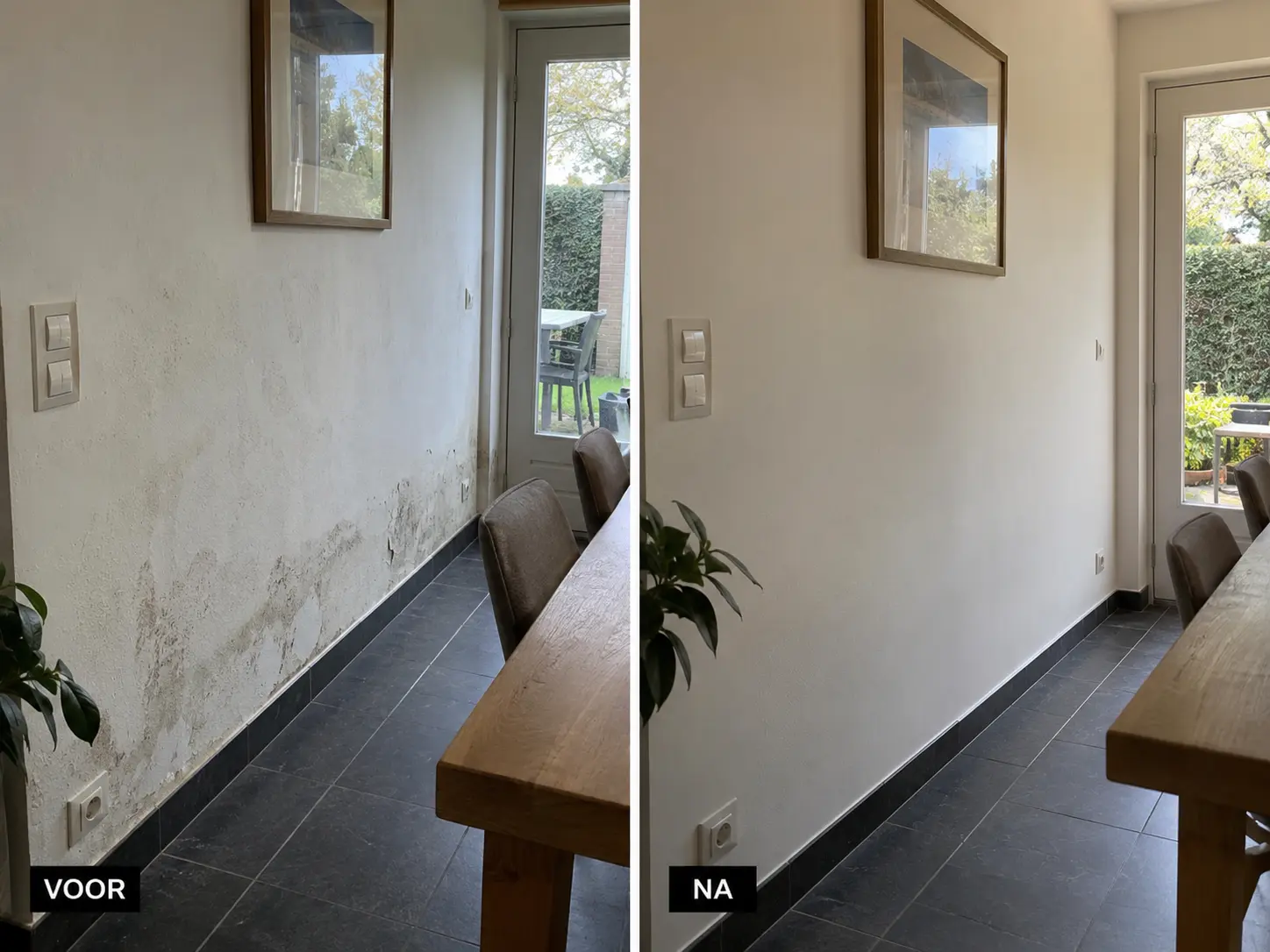 Voor en na foto van optrekkend vocht op binnenmuur.