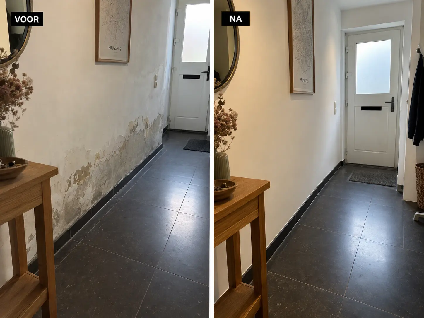 Voor en na foto van vochtige muur in hal.