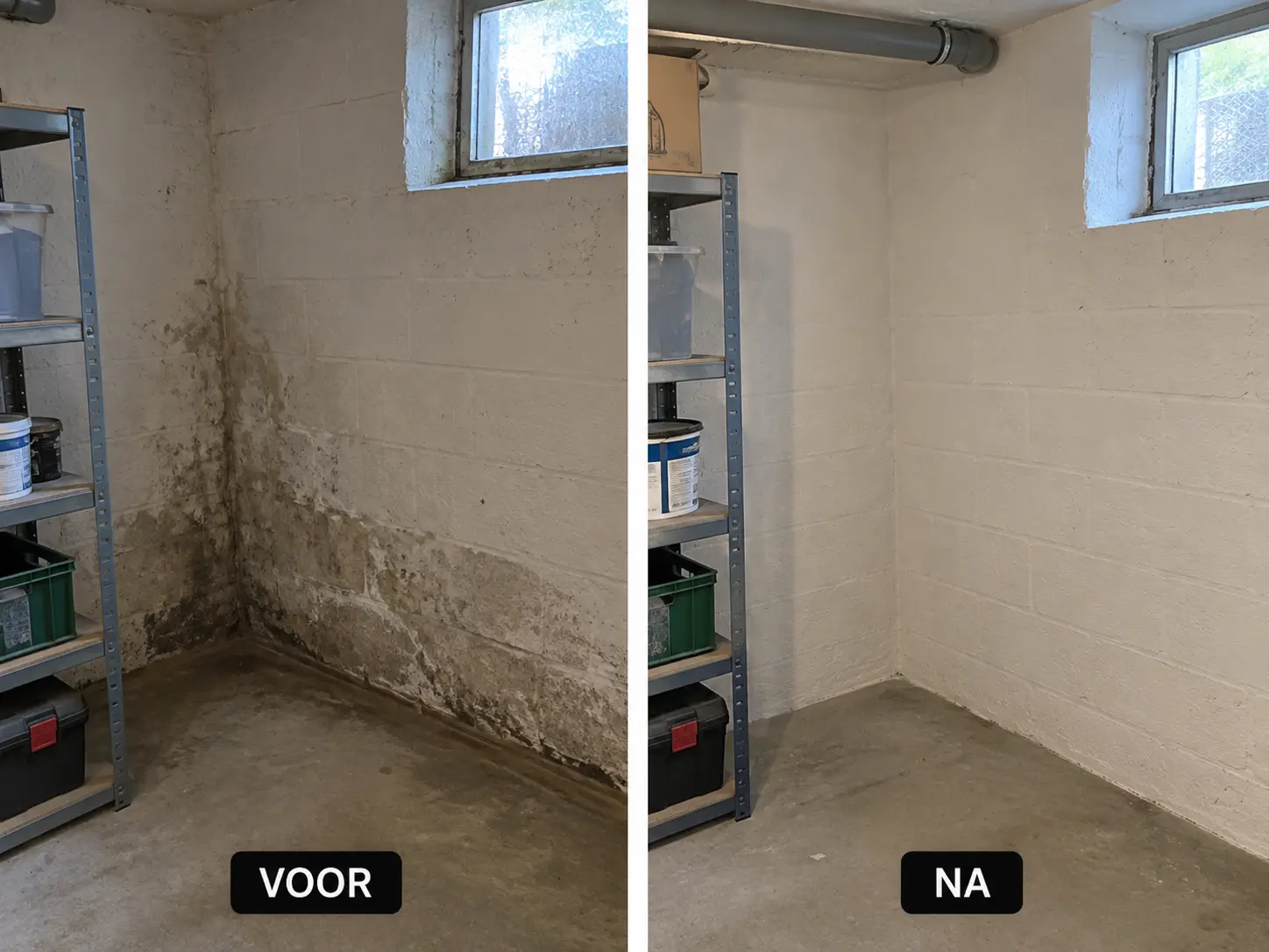 Voor en na foto van vochtige kelder.