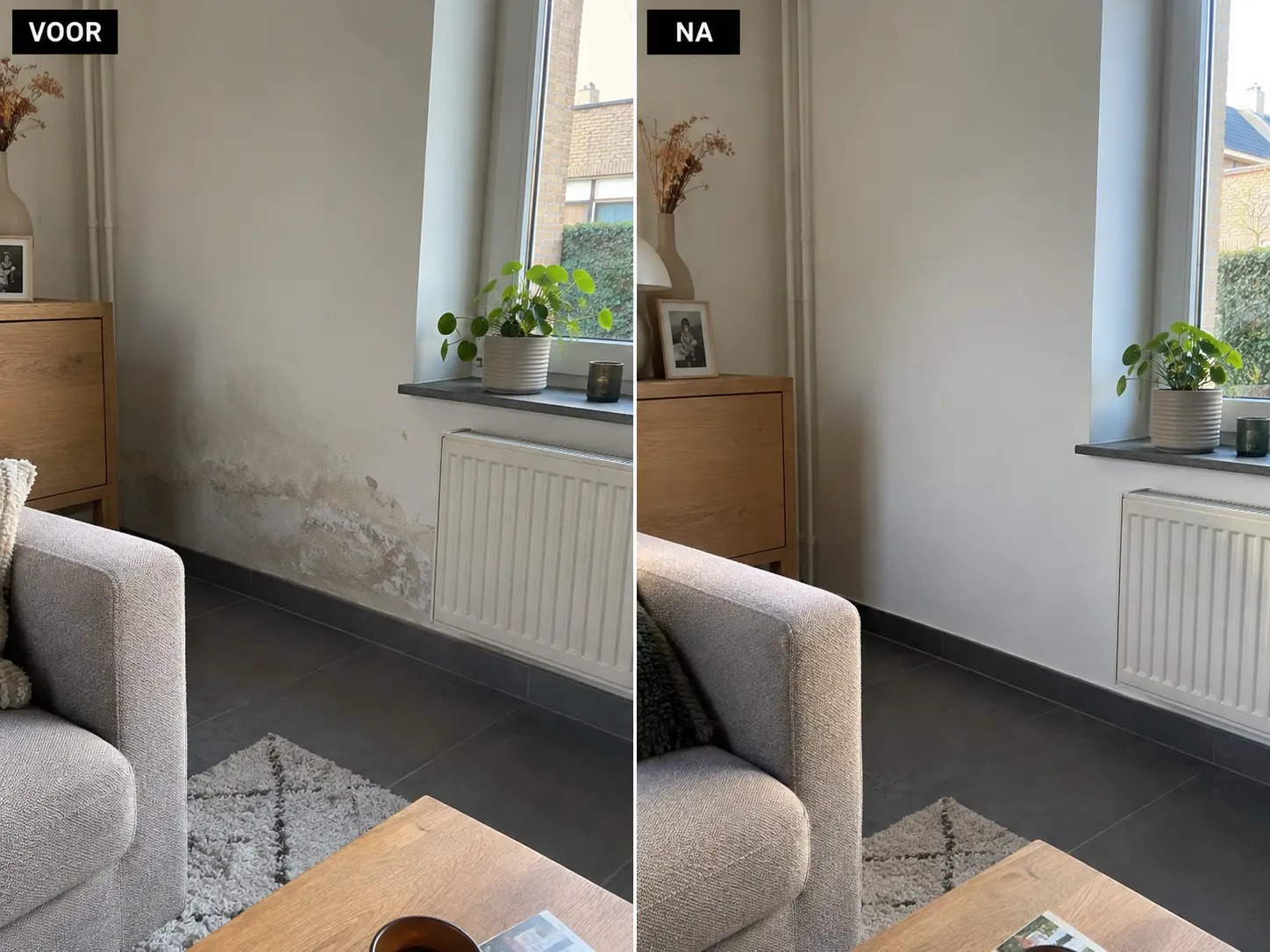 Voor en na foto van vochtige woonkamerwand behandeld door Polypro.