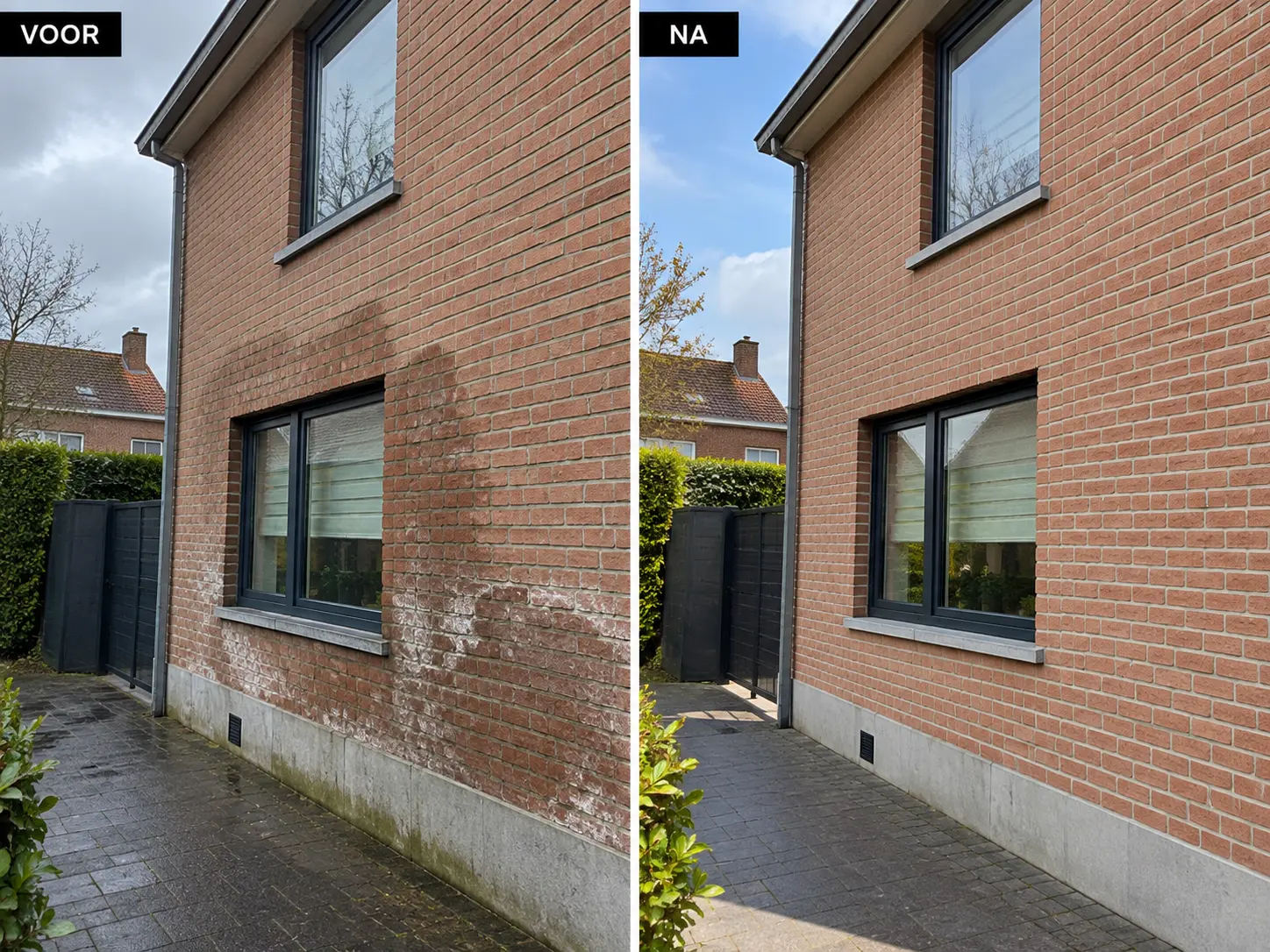 Voor en na foto van buitenmuur met doorslaand vocht.