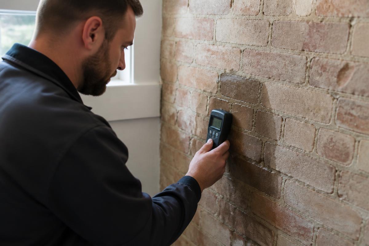 Vochtspecialist onderzoekt een binnenmuur met een digitale vochtmeter tijdens een plaatsbezoek