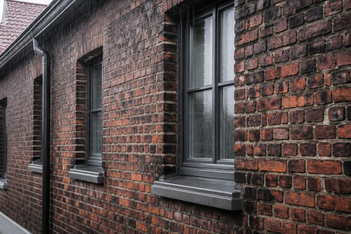 Bakstenen gevel van een woning die donker verkleurd is door aanhoudende regen