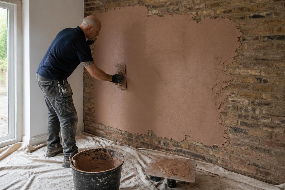 Vakman brengt een nieuwe vochtwerende pleisterlaag aan op een voorbereide binnenmuur